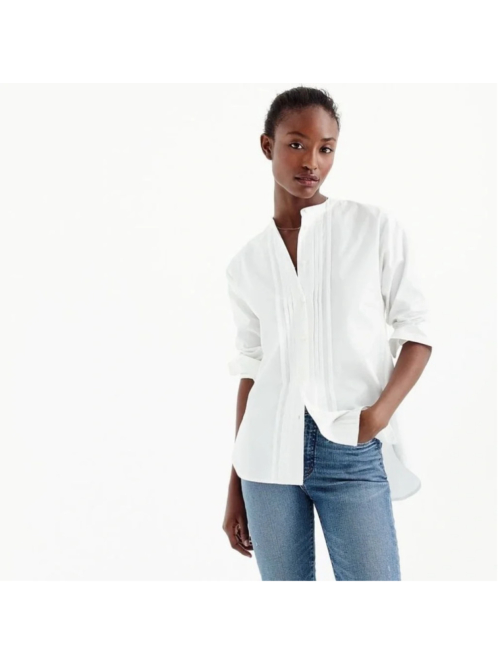 Thomas Mason for J.Crew collarless tuxedo shirt white cotton pleated women's 6